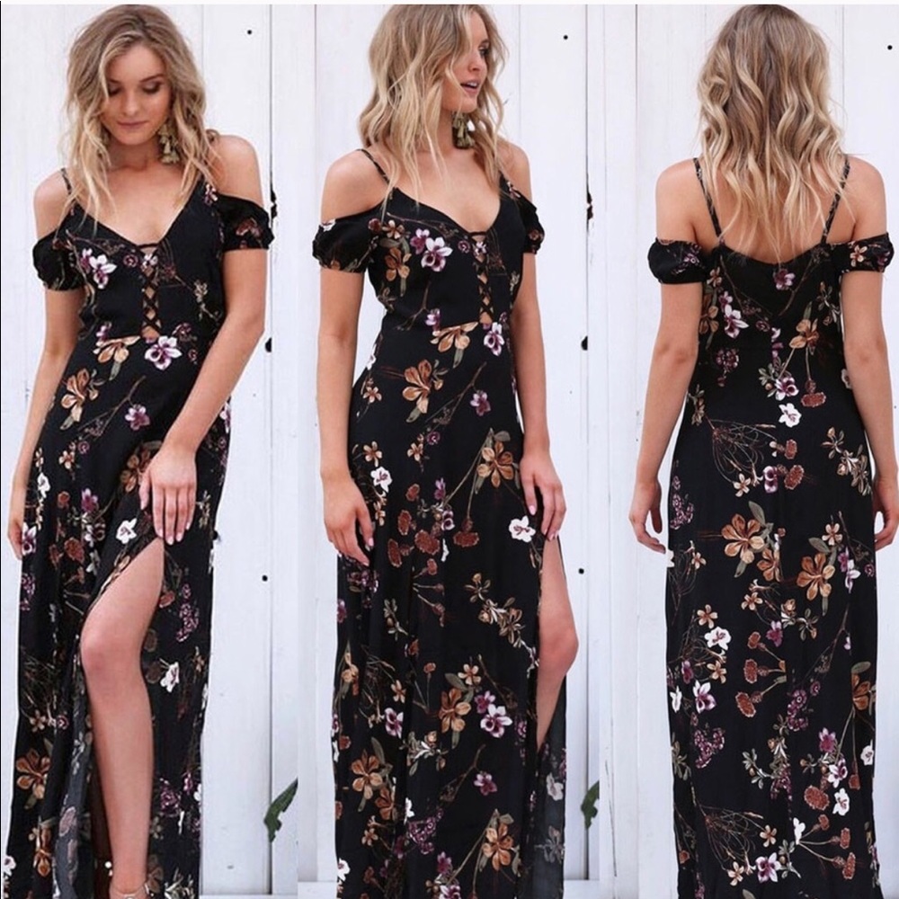 Off the shoulder, long floral dress.